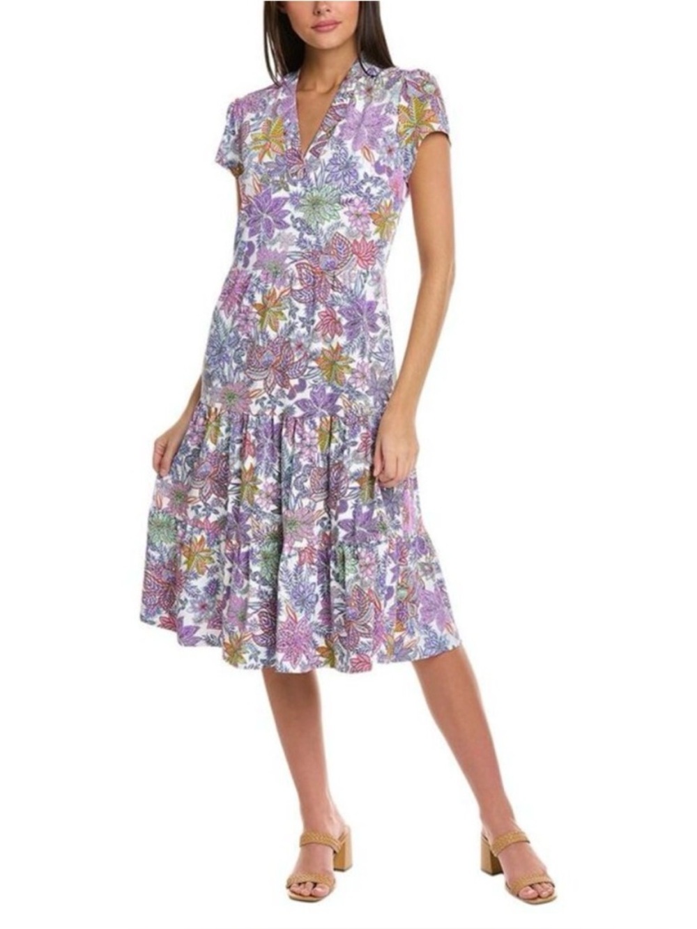 Jude Connally Lavender Multi Floral V-Neck Tiered Midi Dress